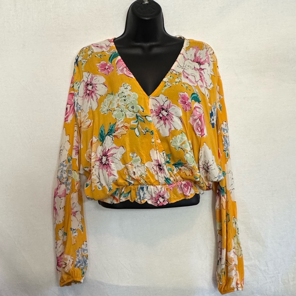 A-12 Vintage Havana‎ Yellow & Pink Floral Long Sleeve Cropped Blouse Size S